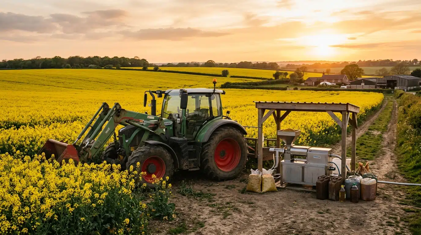 Tracteur dans un champ de colza avec jerricans d'huile