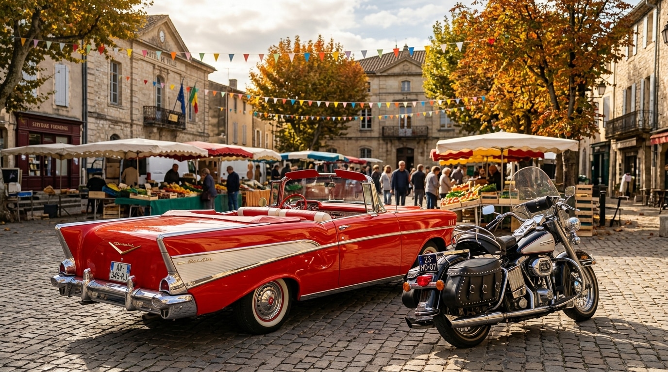 Voiture américaine ancienne et Harley-Davidson sur une place