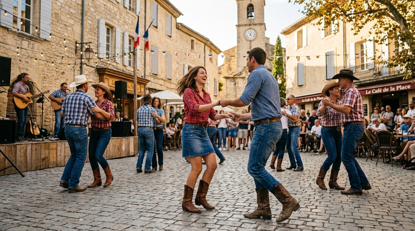 Danseurs de country sur une place de ville