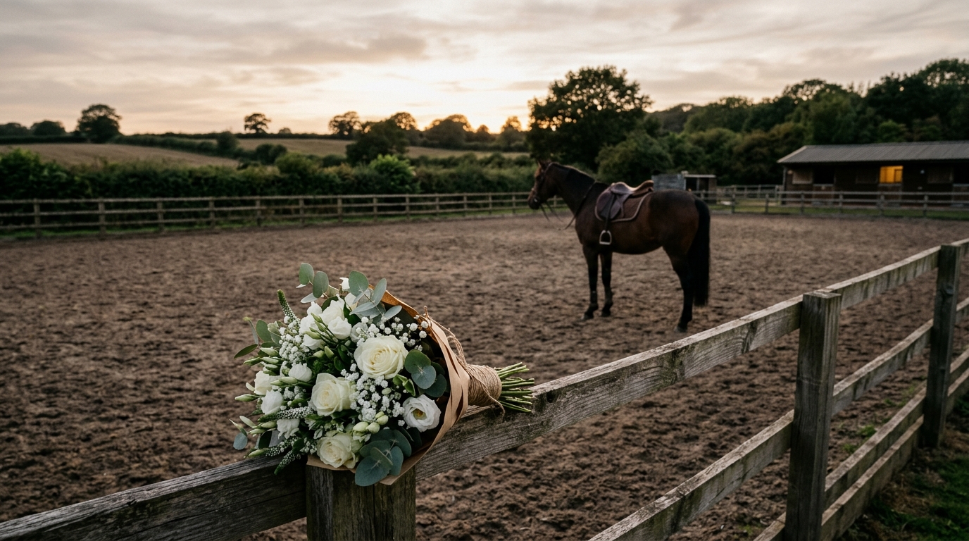Manège équestre au crépuscule avec bouquet de fleurs blanches sur la barrière