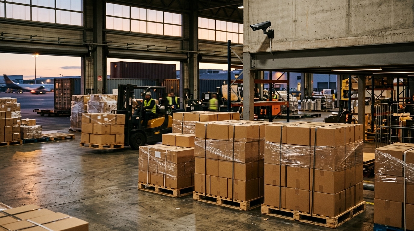 Palettes de cartons dans un entrepôt de fret aéroportuaire au crépuscule