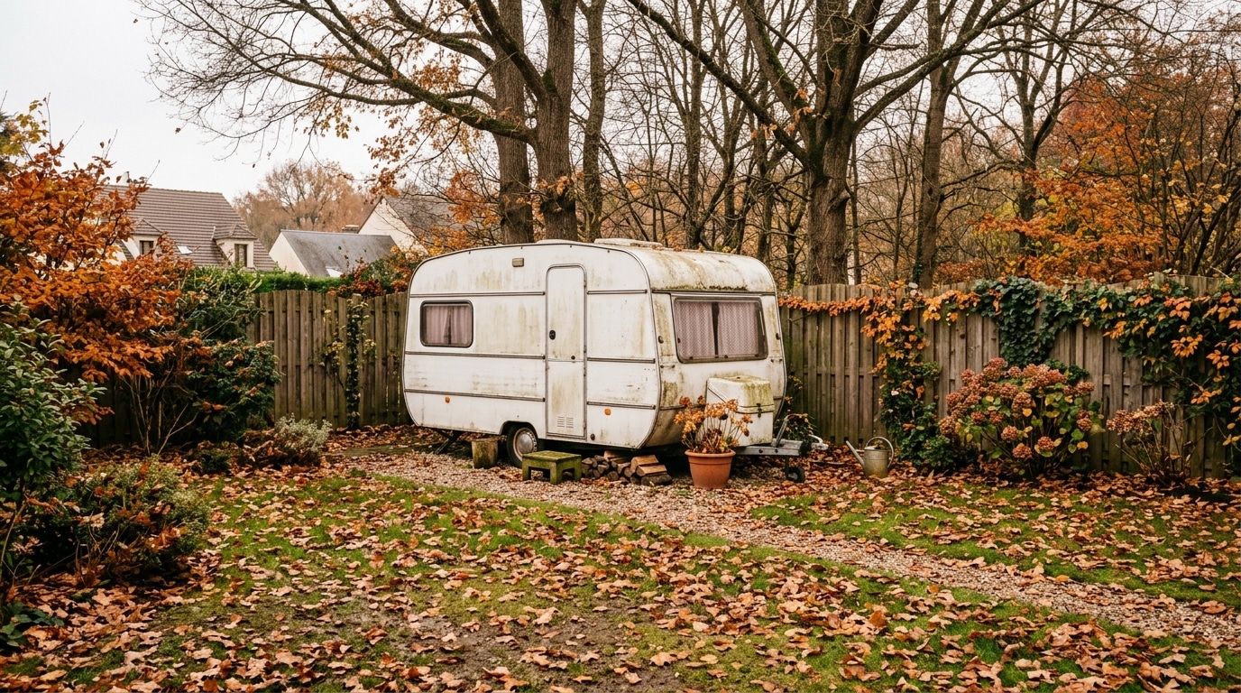 Caravane blanche garée au fond d'un jardin d'automne