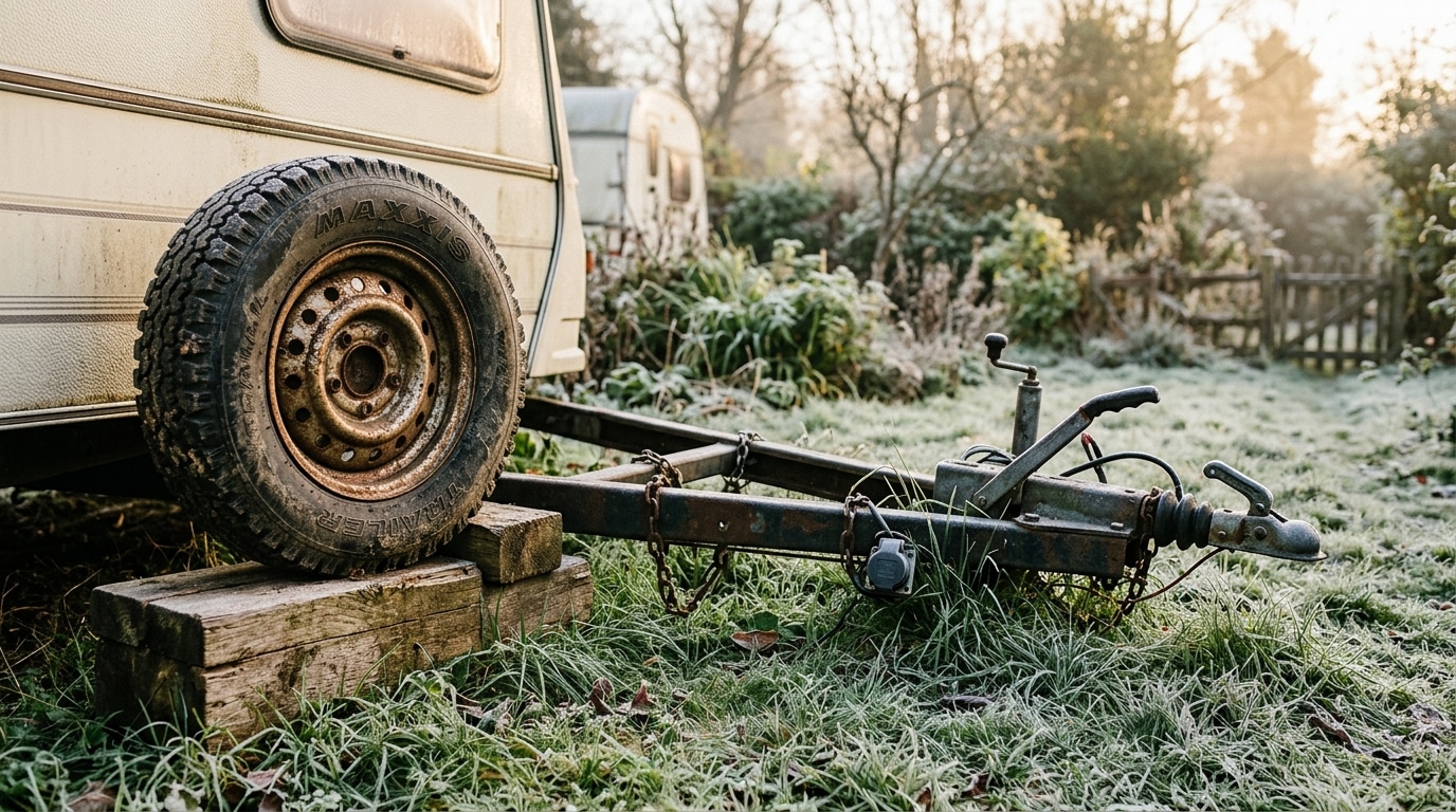 Roue de caravane posée sur cales, barre de traction dans l'herbe