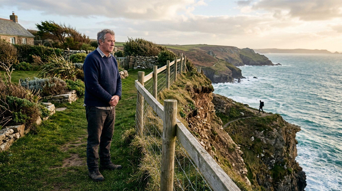Propriétaire soucieux devant sa clôture face à la mer