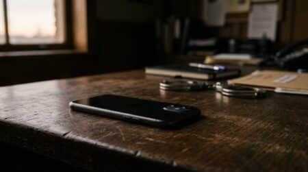 Smartphone posé sur une table dans un bureau d'enquête