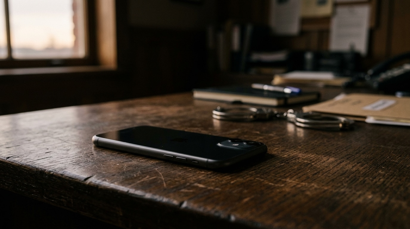 Smartphone posé sur une table dans un bureau d'enquête