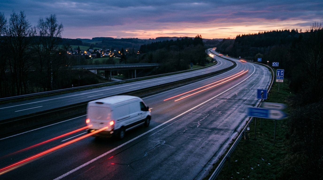 Camionnette sur une autoroute européenne au crépuscule