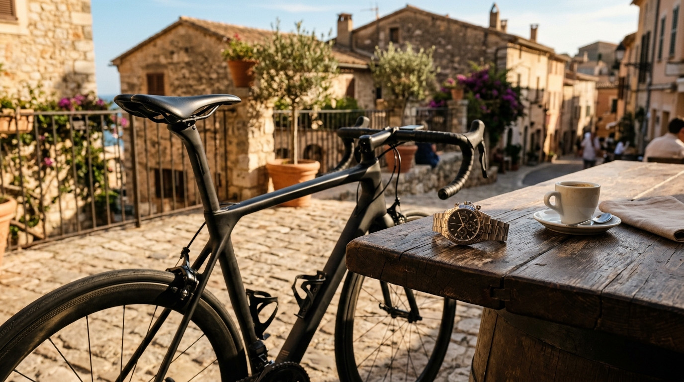 Montre de luxe et vélo de course sur terrasse