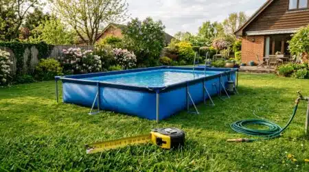 Piscine hors-sol en kit sur pelouse avec mètre ruban