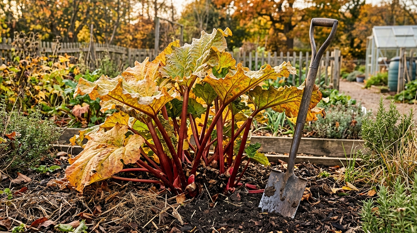Vieille touffe de rhubarbe aux feuilles jaunies en automne