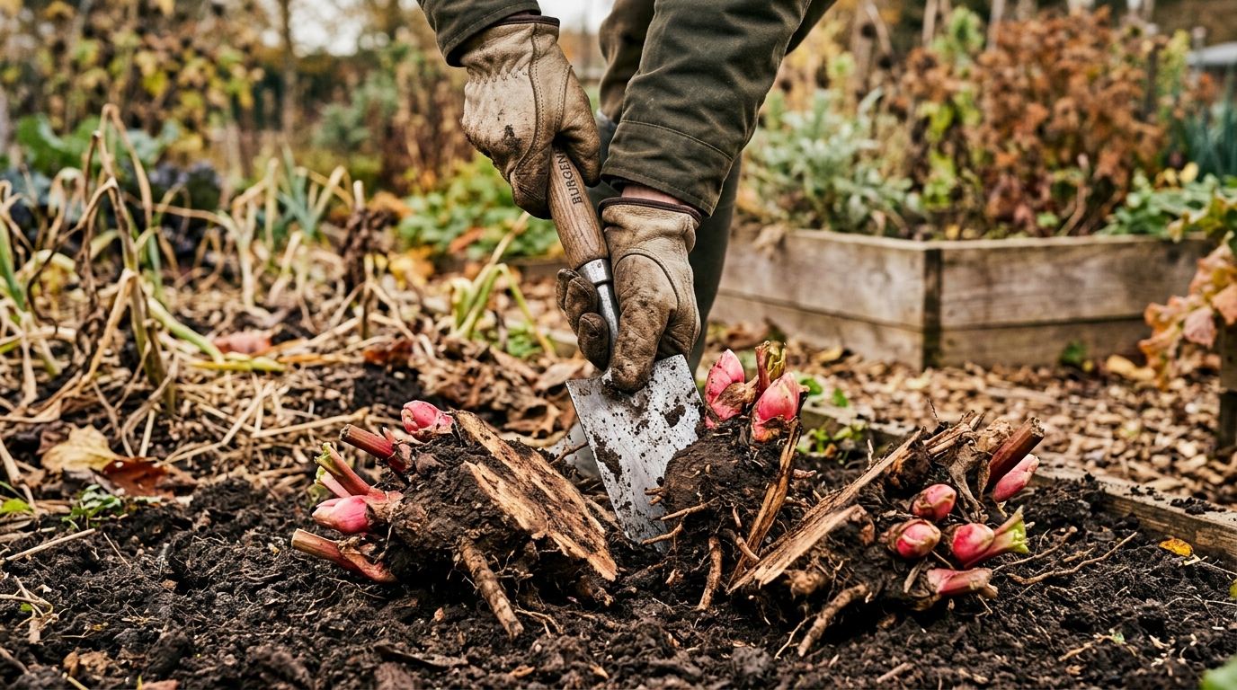 Mains gantées divisant un rhizome de rhubarbe à la bêche