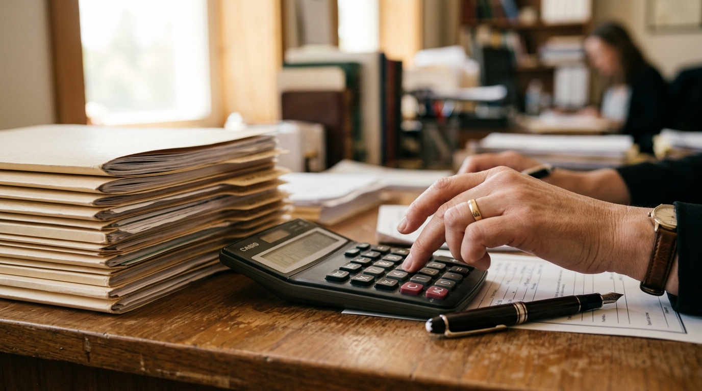 Main de notaire sur une calculatrice et des dossiers