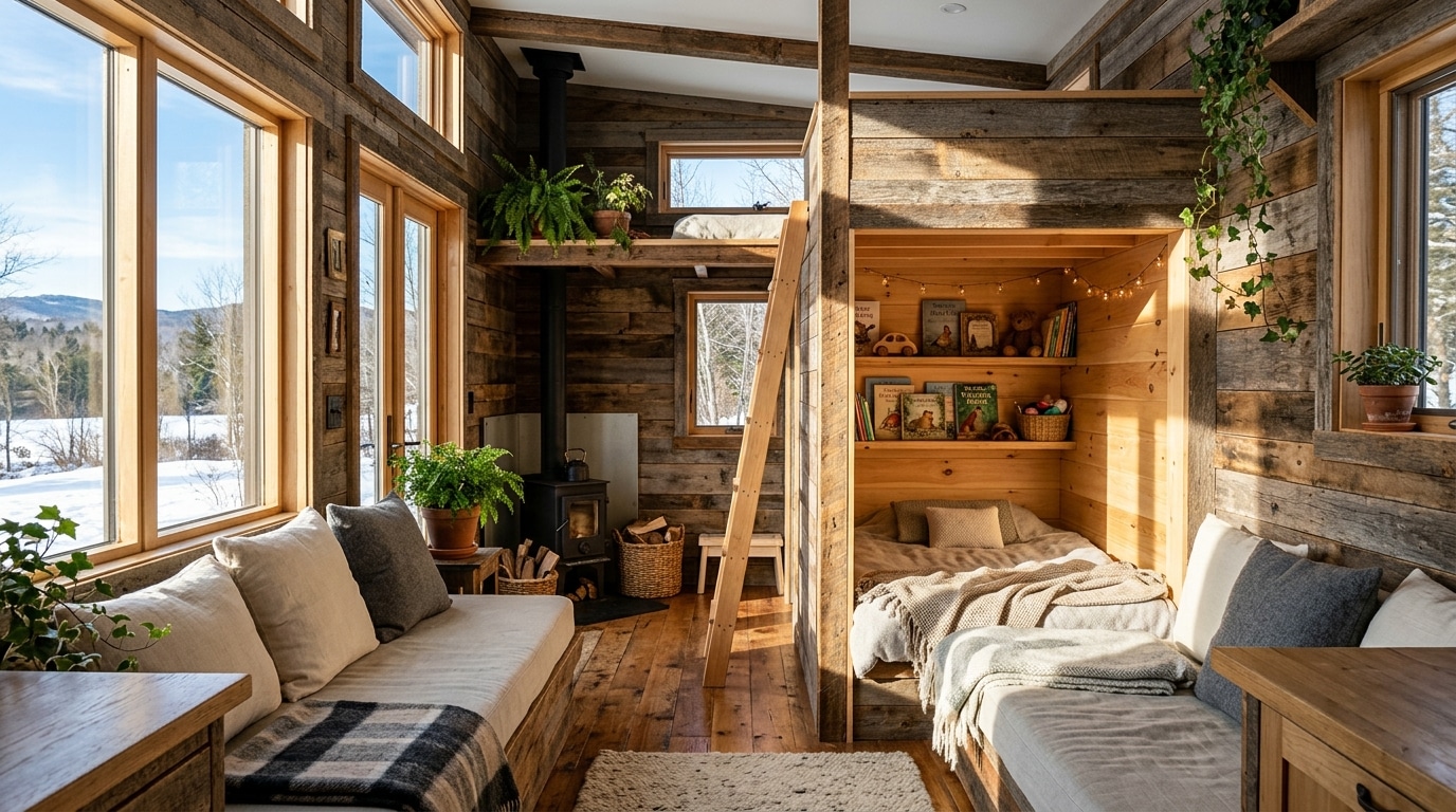 Intérieur lumineux d'une tiny house aux grandes fenêtres