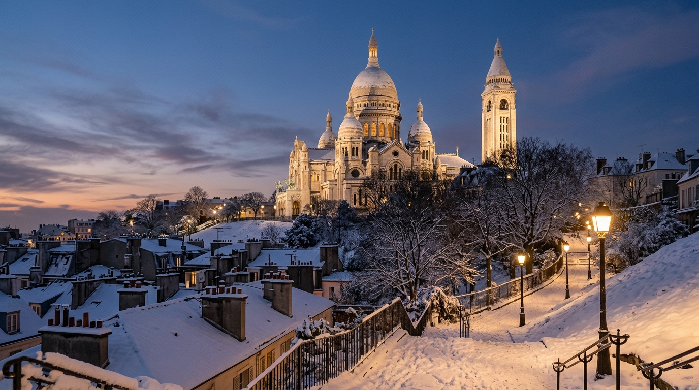Basilique blanche de Montmartre sous la neige au crépuscule