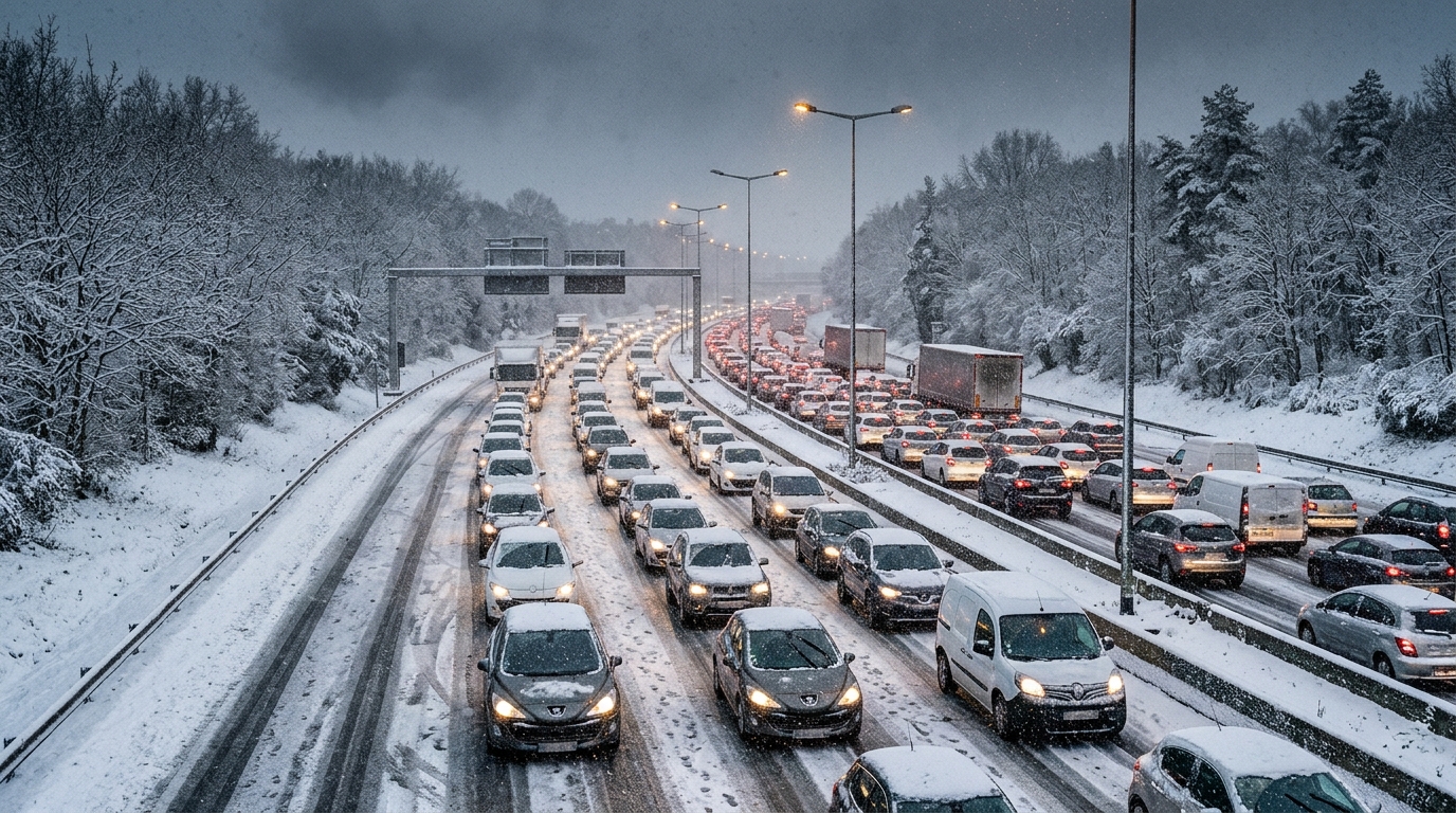Voitures immobilisées sur une autoroute enneigée près de Paris