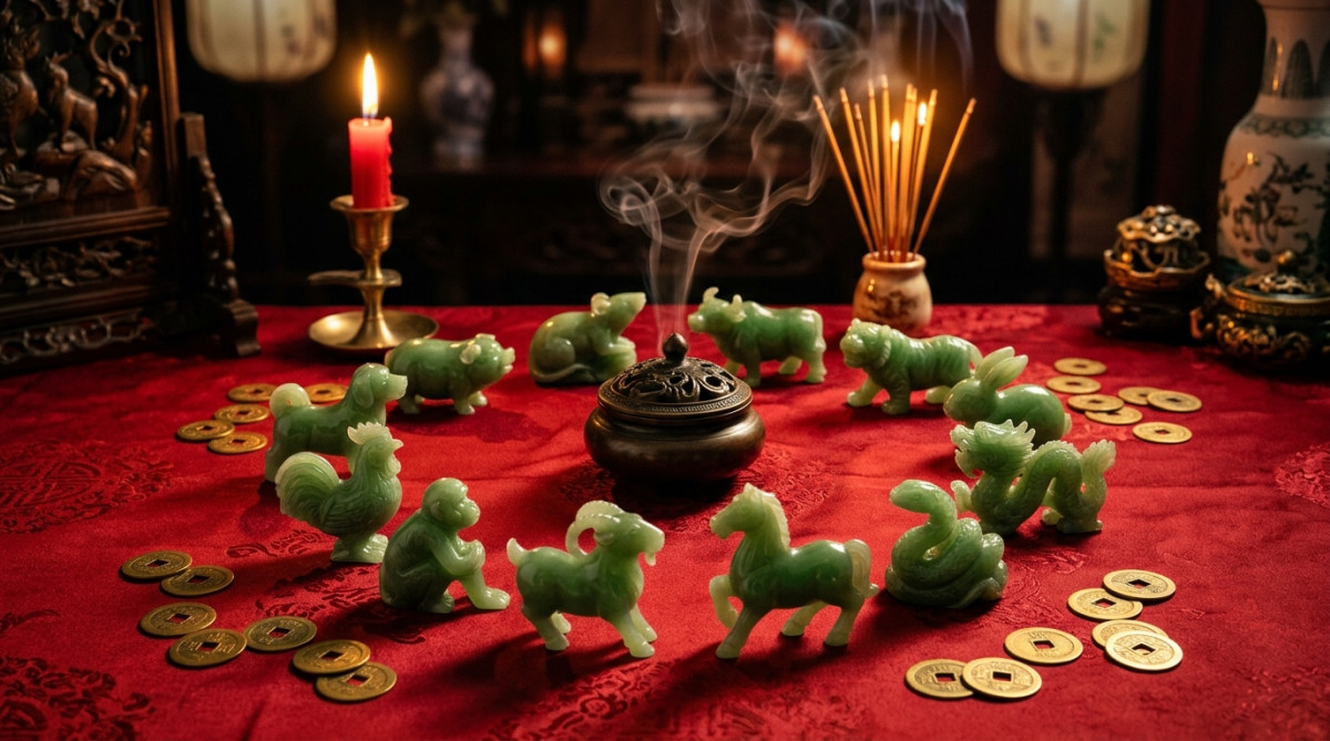 Sage chinois lumineux entouré des cinq éléments pour l'horoscope chinois du jour