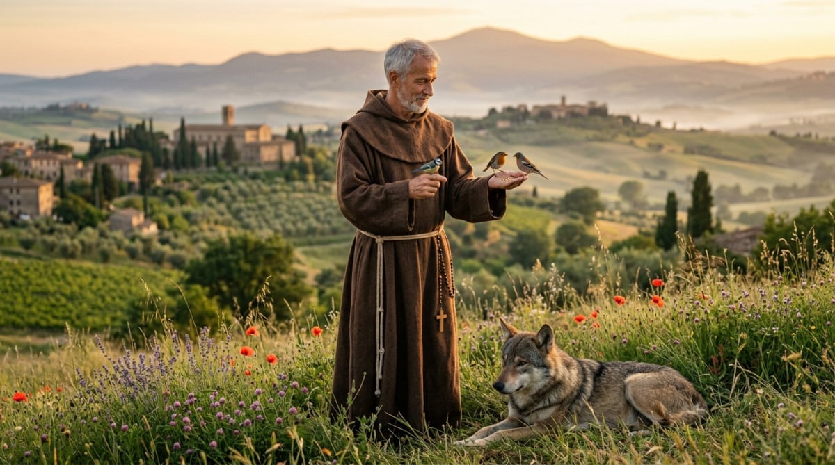 Saint François d'Assise entouré d'oiseaux et d'un loup