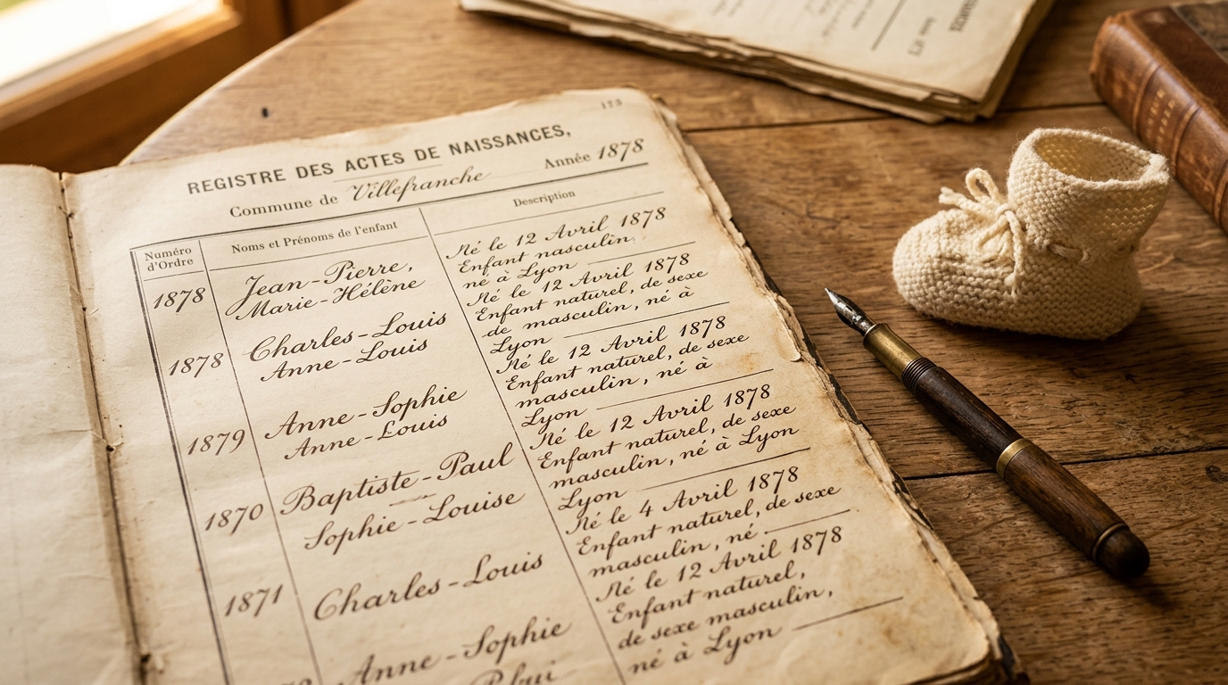Vieux registre de prénoms manuscrit posé sur un bureau en bois