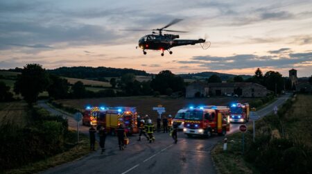 Hélicoptère de secours au-dessus d'un carrefour rural au crépuscule