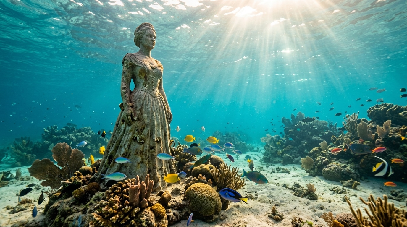 Statue de femme immergée entourée de poissons colorés et de coraux