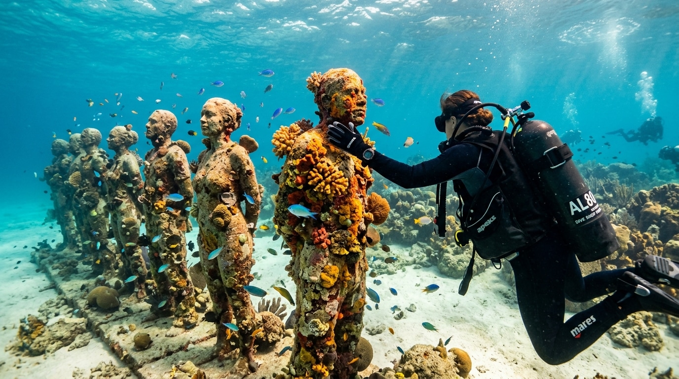 Plongeur observant des sculptures recouvertes de corail sous l'eau