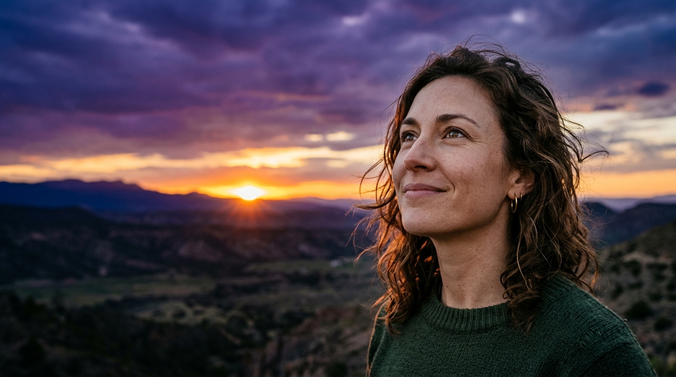 Femme souriante levant les yeux vers un ciel crépusculaire