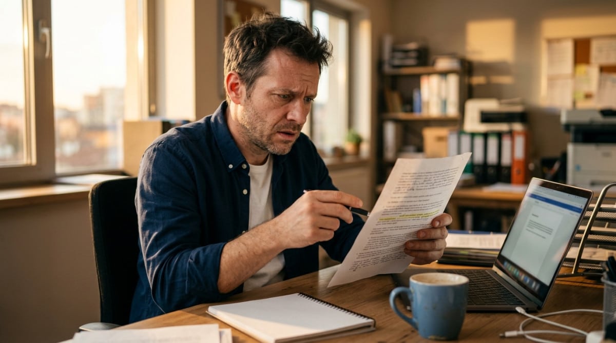 Salarié inquiet lisant son contrat de travail au bureau