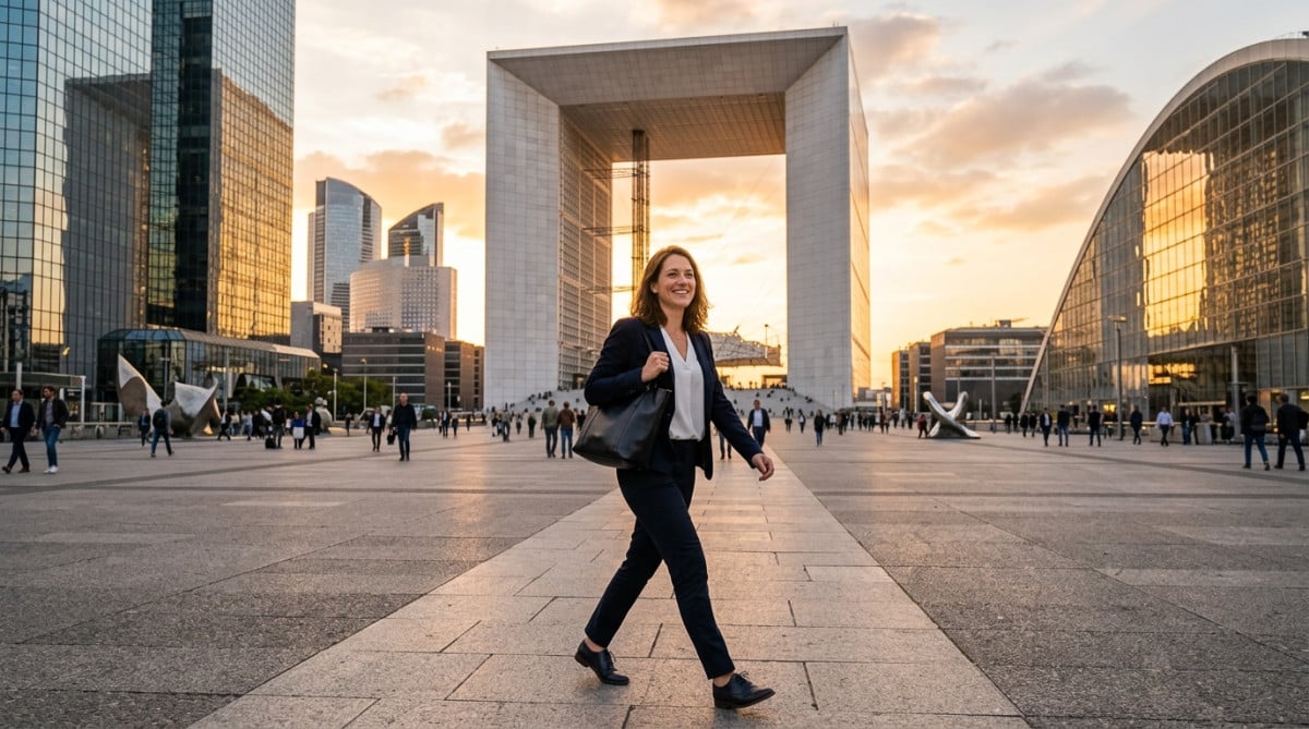 Salariée sur l'esplanade de La Défense devant la Grande Arche