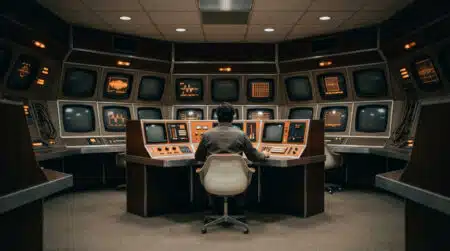 Salle de contrôle futuriste hexagonale des années 1970, vide