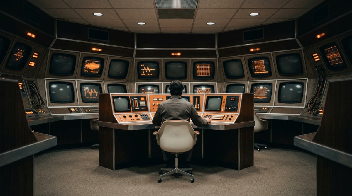 Salle de contrôle futuriste hexagonale des années 1970, vide