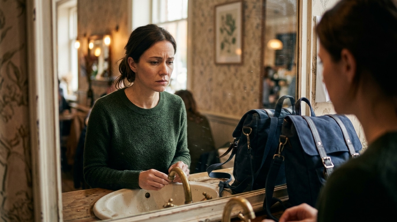 Femme pensive devant le miroir d'un café