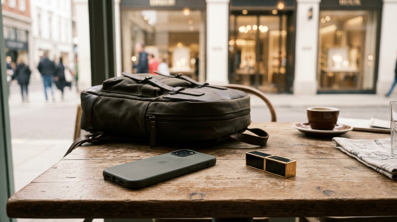 Téléphone retourné près d'un sac de cours sur une table