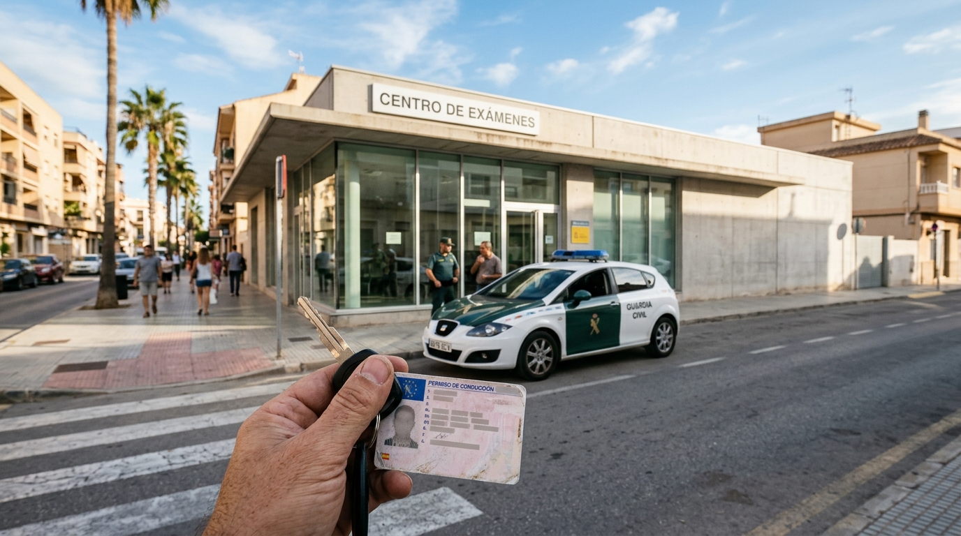 Voiture de patrouille devant un centre d'examen espagnol