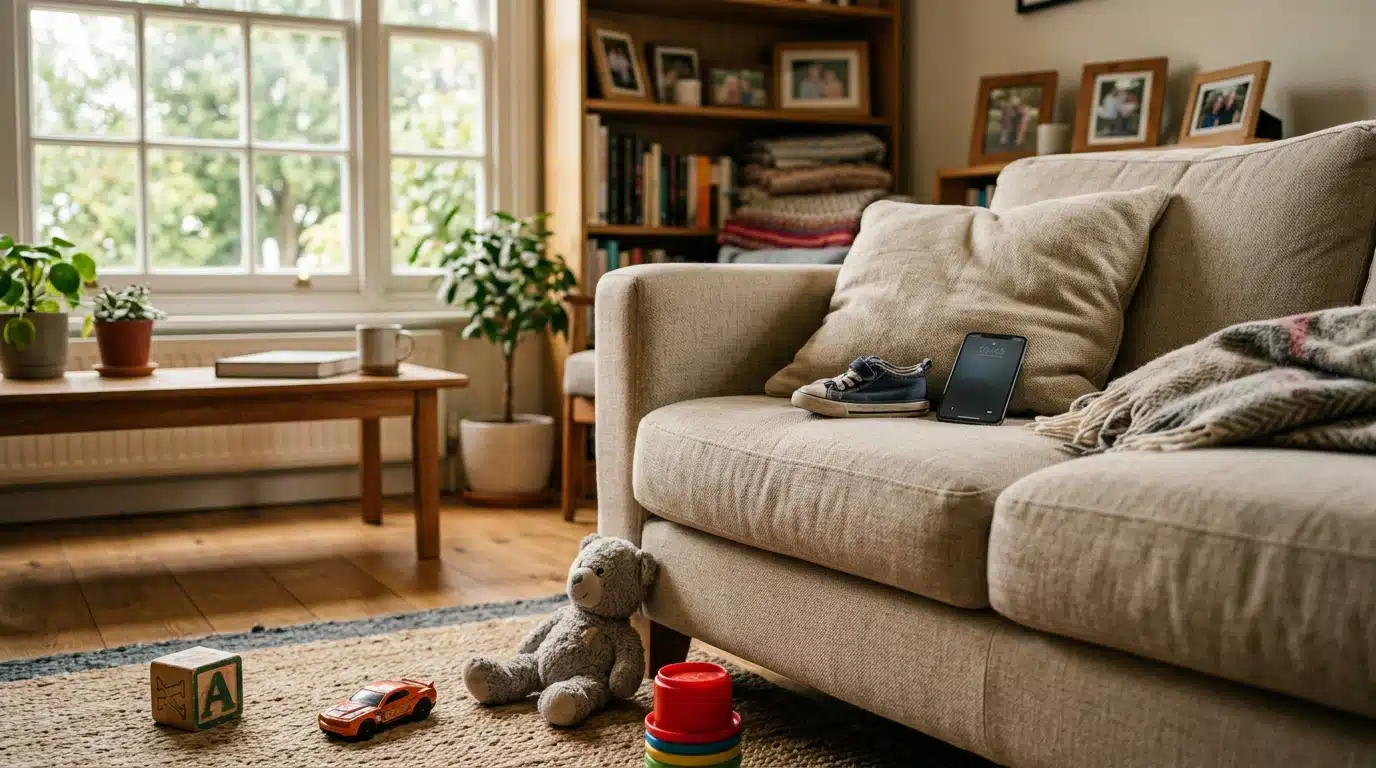 Salon familial chaleureux avec jouets d'enfants sur un tapis