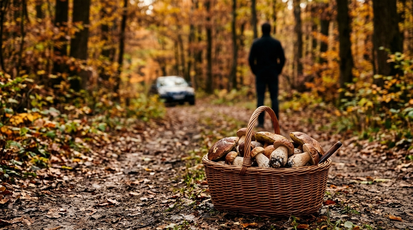 Panier en osier rempli de cèpes sur un chemin forestier