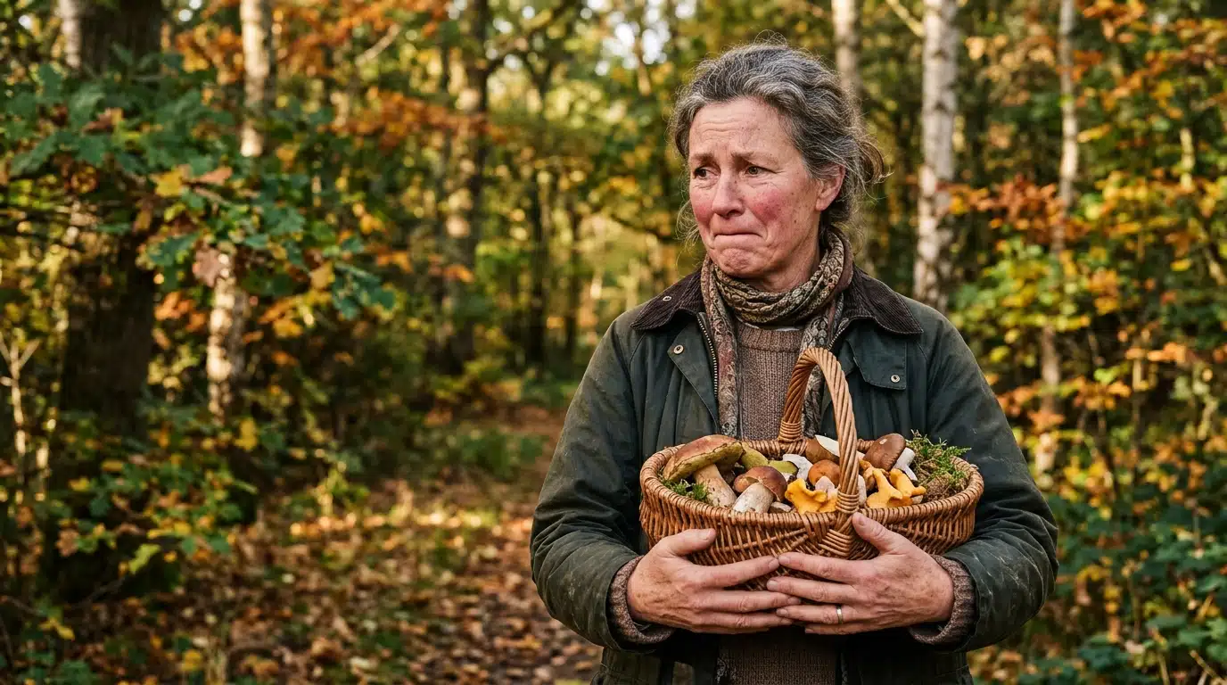 Cueilleur gêné tenant son panier de champignons en lisière de bois