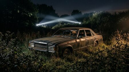 Voiture sans pare-brise abandonnée dans un champ la nuit