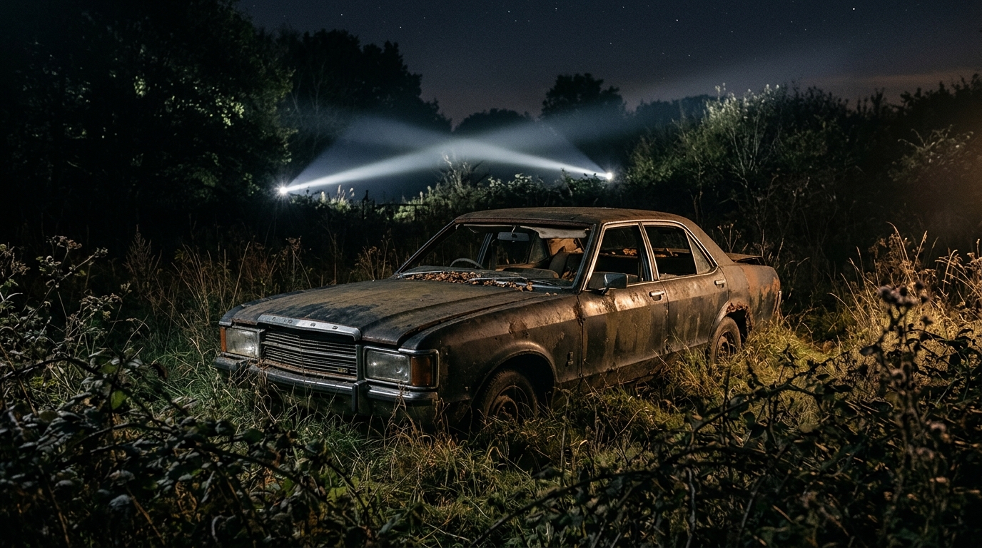 Voiture sans pare-brise abandonnée dans un champ la nuit