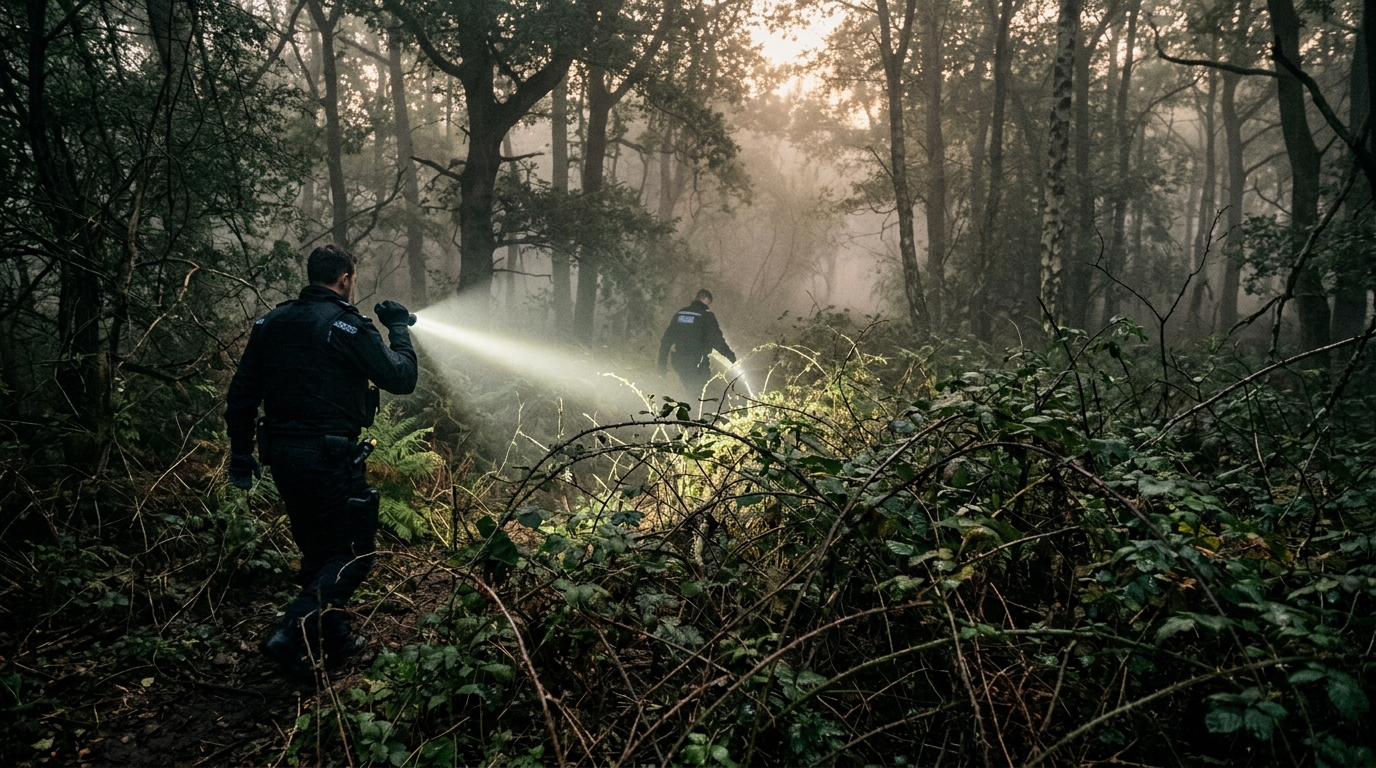 Faisceau de lampe torche dans des ronces en forêt