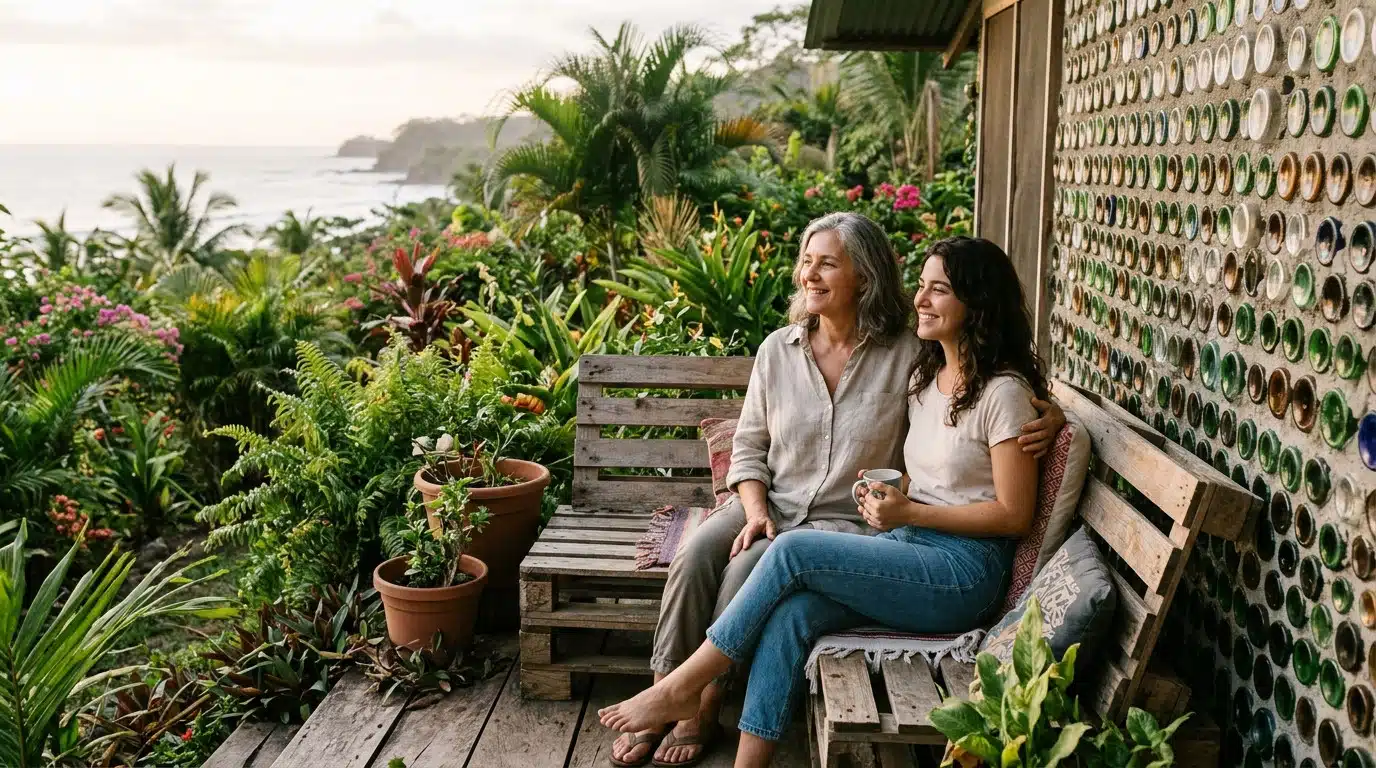 Mère et fille devant leur maison écologique tropicale