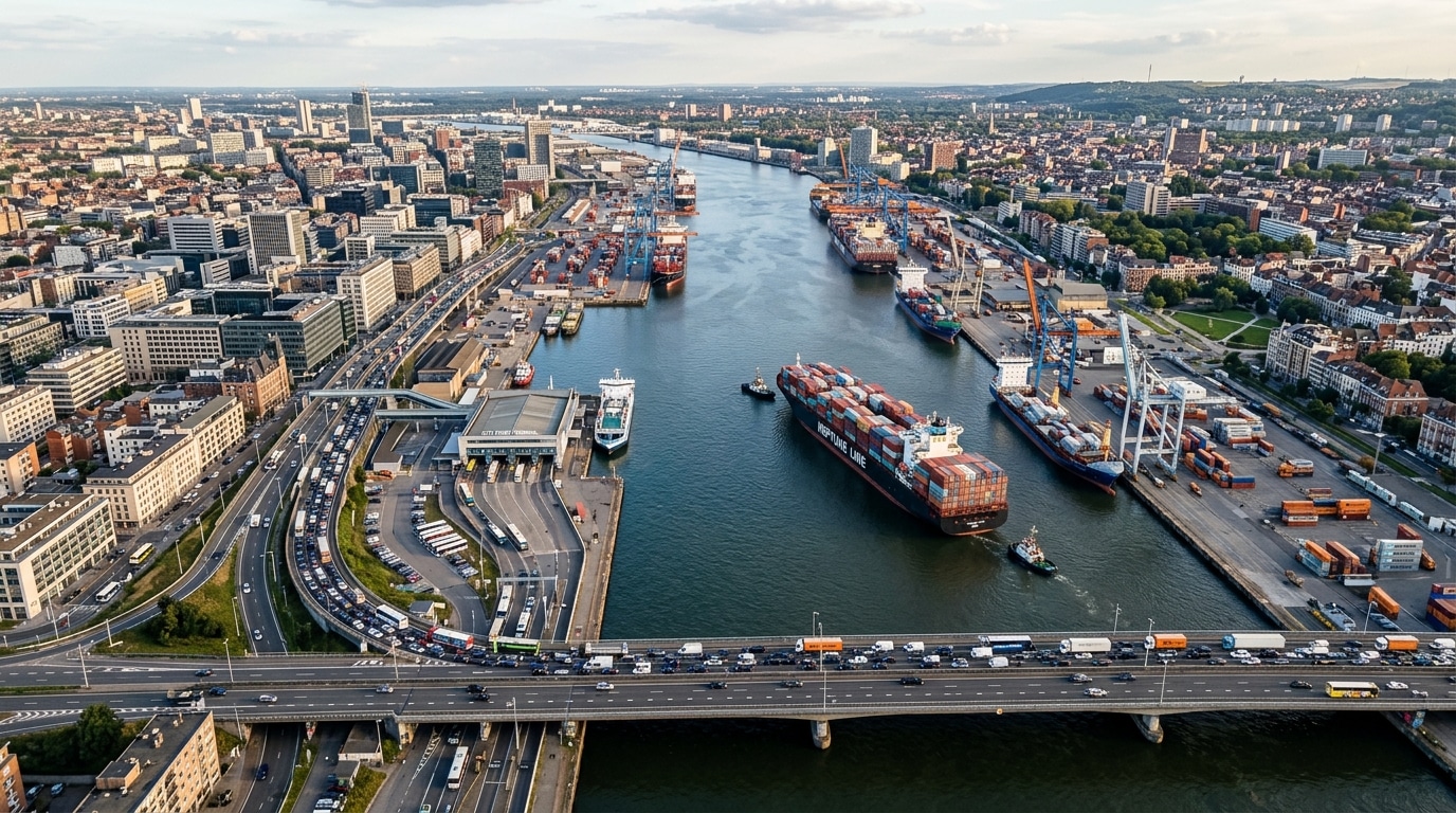 Canal portuaire encombré entre deux villes côtières