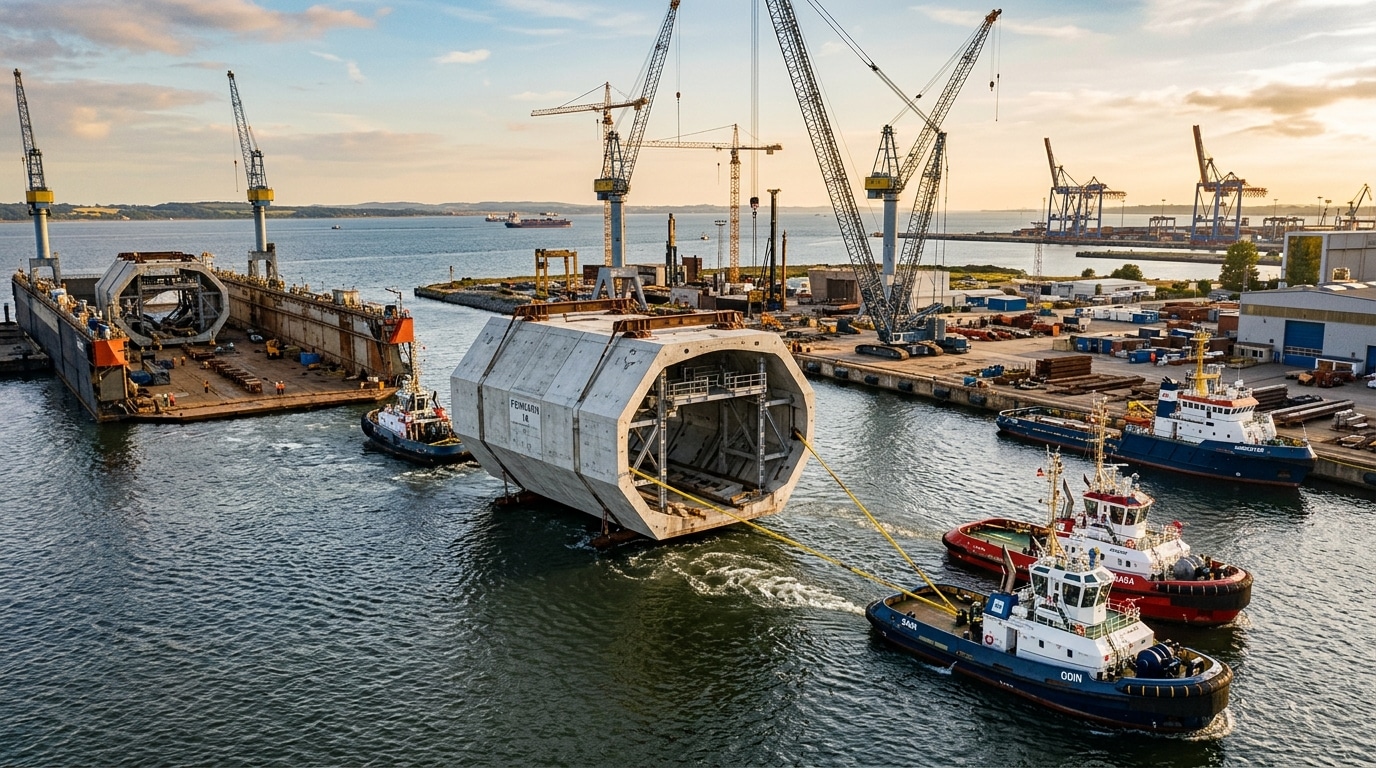Immense caisson de béton remorqué dans un bassin