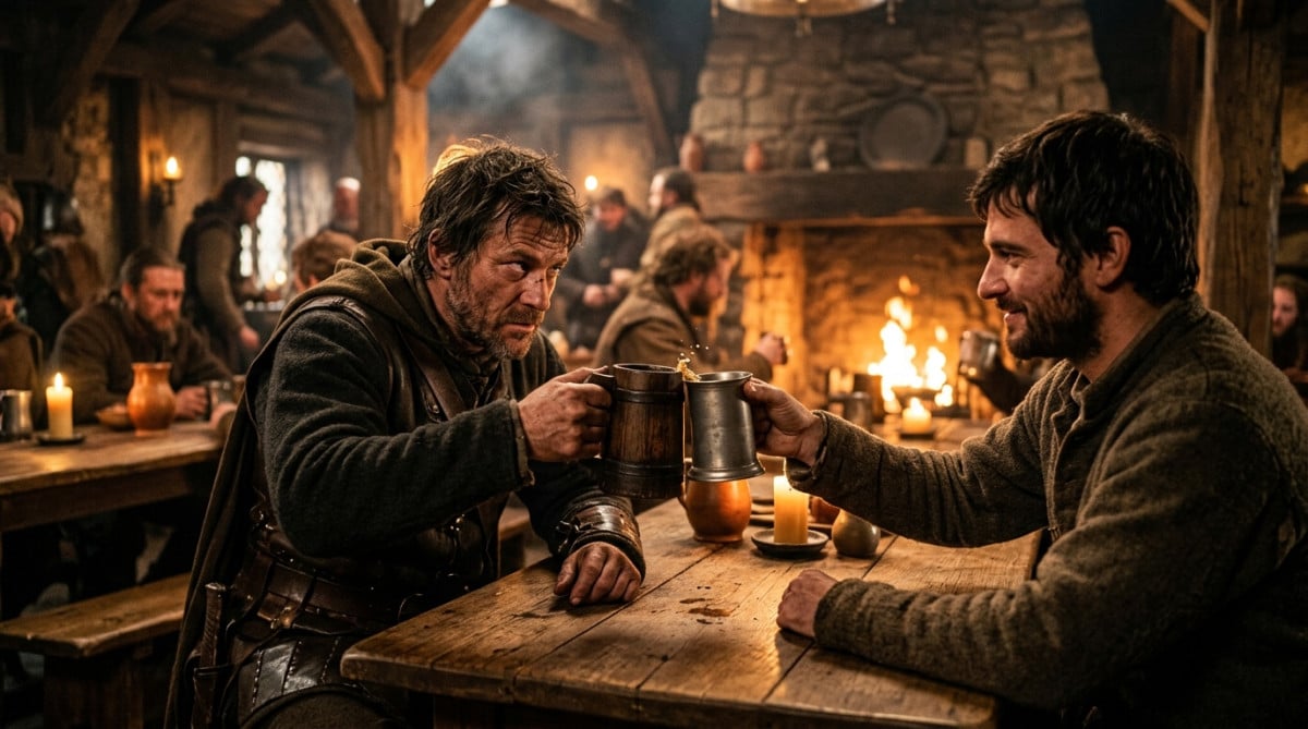 Scène de taverne médiévale avec deux gobelets qui s'entrechoquent