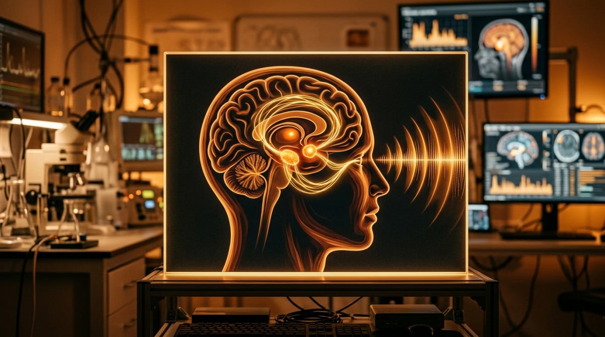 Schéma stylisé du cerveau, amygdale et cortex auditif