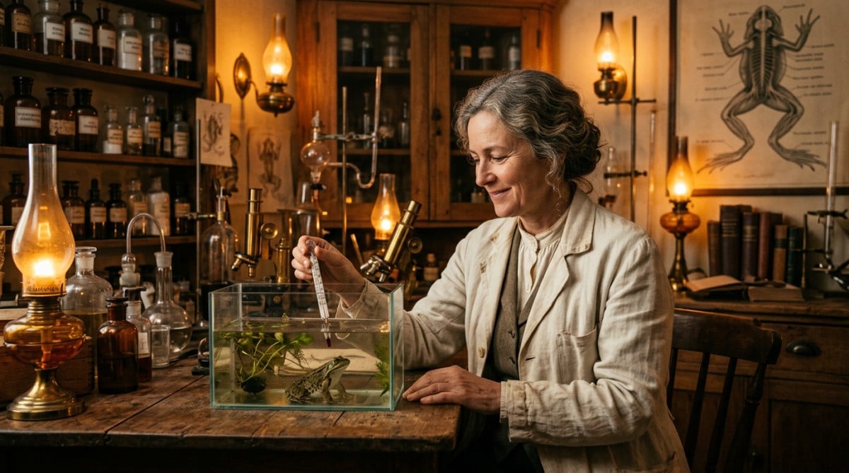 Scientifique dans un laboratoire ancien avec une grenouille et un thermomètre