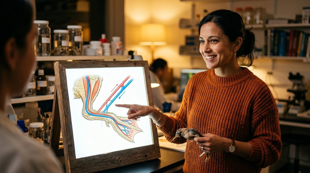 Scientifique expliquant la circulation sanguine dans la patte d'un canard