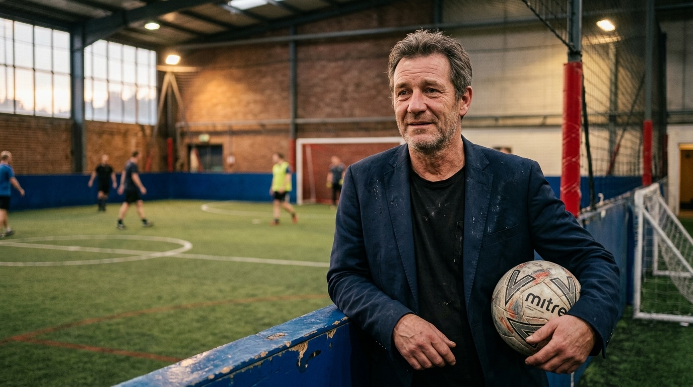 Homme de cinquante ans soulagé au bord d'un terrain de foot