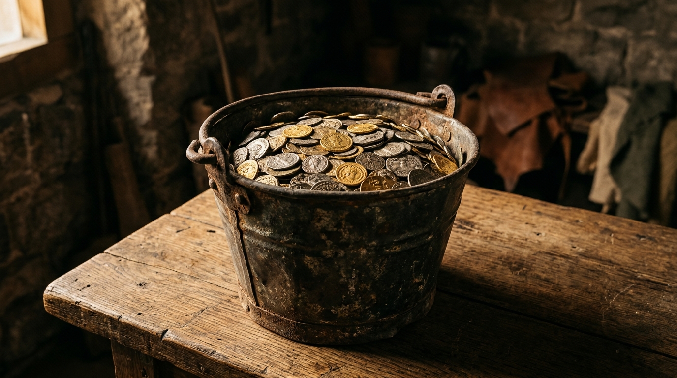 Seau usé rempli de pièces anciennes