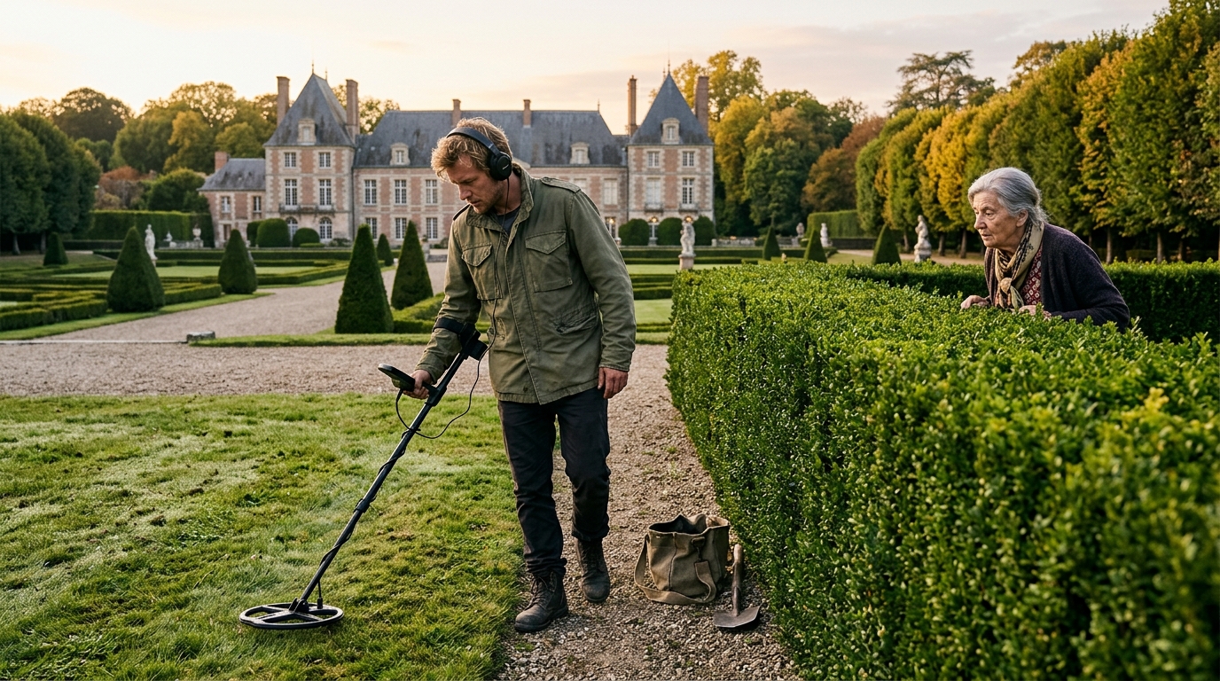 Chasseur de trésor avec détecteur de métaux dans un jardin