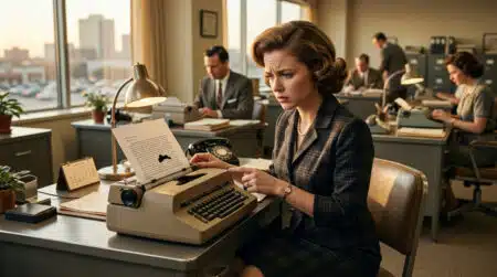 Secrétaire des années 1950 devant sa machine à écrire